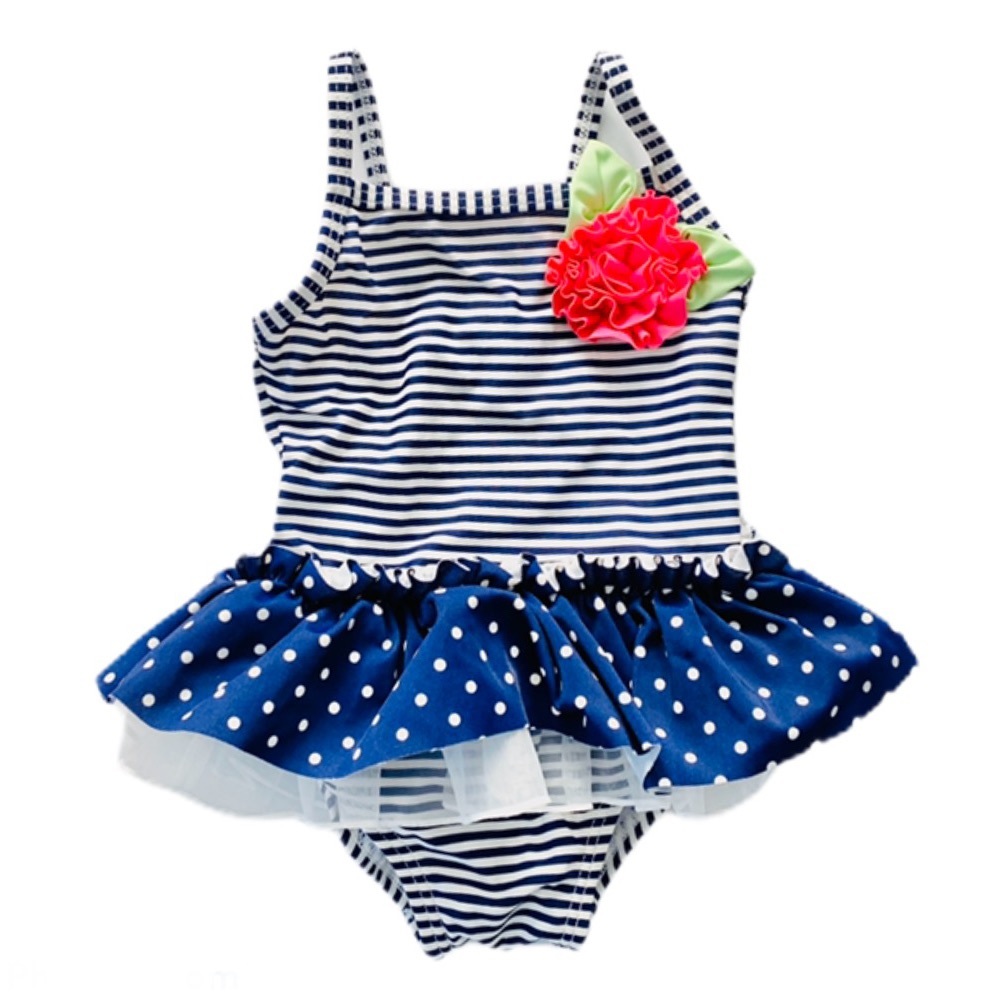 Baby Girl Navy One Piece Skirt Swimsuit w/ Rosebud